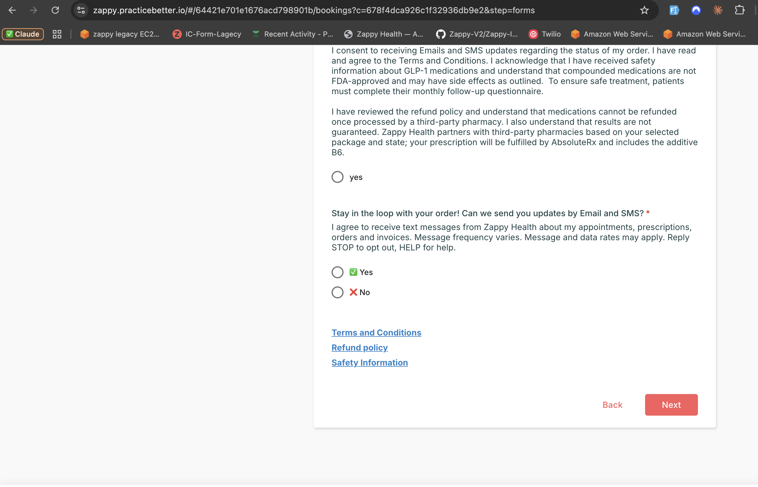 Zappy Health intake form showing the SMS consent question with Yes and No options