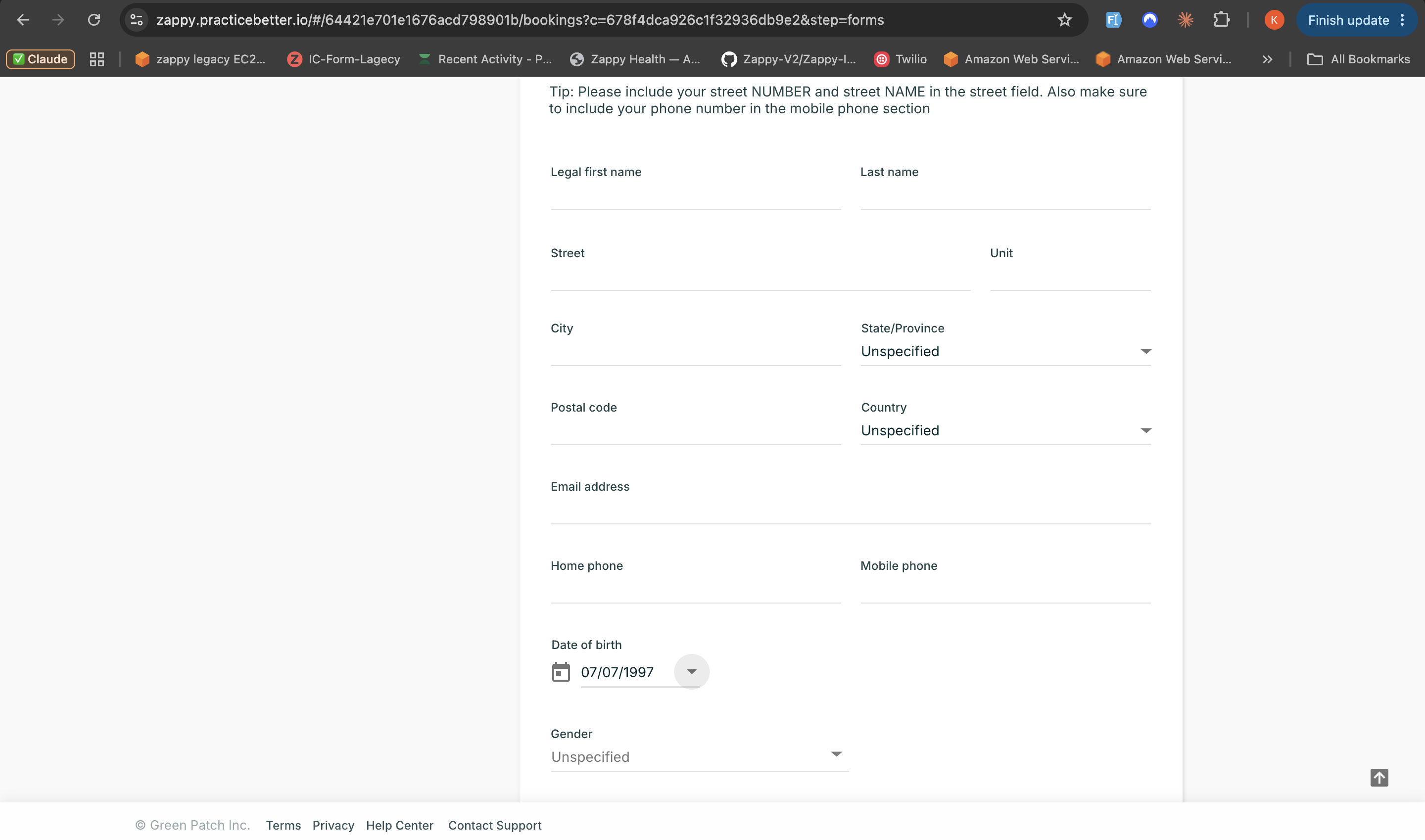 Zappy Health intake form showing the mobile phone number field